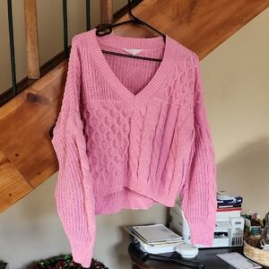 No Boundaries Pink V-Neck Cable Sweater